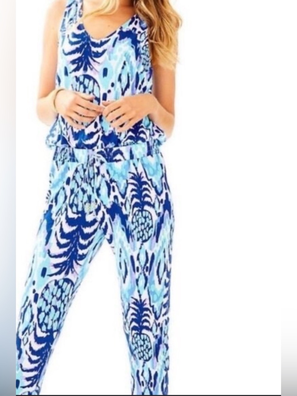 Lilly Pulitzer Paulina Jumpsuit in the Serene Blue Tropi Call Me pineapple print